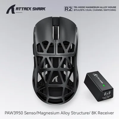 ATTACK SHARK R2 Magnesium Alloy Gaming Mouse, PixArt PAW3950 Sensor, 8K Wireless 48g Super Light BT/2.4G/Wired, Adjustable DPI 42000, Black