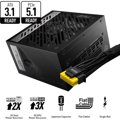 MSI MPG A850G PCIE5, Fully Modular Compact Gaming 850W Power Supply, 80+ Gold, Native 12V-2x6 Cable, 100% Japanese Capacitor, ATX 3.1 & PCIe 5.1 Ready, Low-Noise