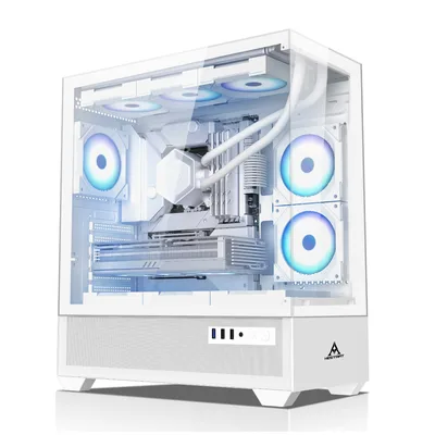 HESTART MIRAGE A7 Gaming PC Case M-ATX EATX 3xFAN Panoramic Toughened Glass Side Transparent Desktop Power Supply Support 360 Water Cooler-WIGHT
