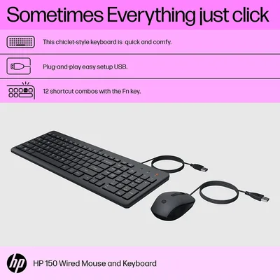 HP 150 Wired Keyboard & Mouse Combo USB 12 Shortcut Keys 6° Adjustable Slope Keyboard & 1600 DPI Optical Sensor Mouse