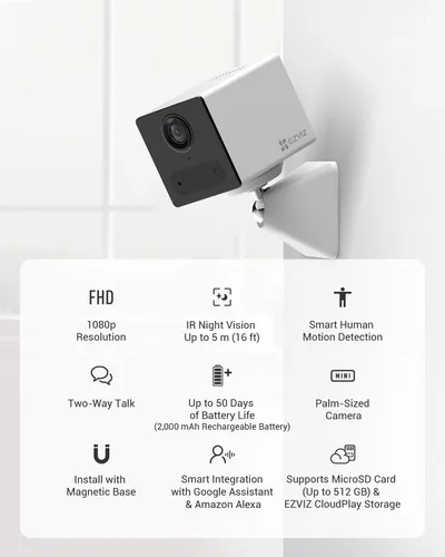 EZVIZ CB2 Security Battery Camera Wireless Wifi with Audio, 1080P, Mini Camera with Smart Human Motion Detection, Two Way Talk with Magnetic Base, Night Vision Supports Cloud & SD card Storage (White)