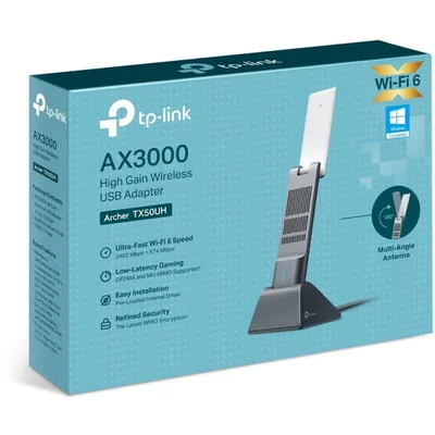 Tp-Link Archer TX50UH AX3000 High Gain Wireless USB Adapter 3000Mbps Dual Band WiFi 6 High Gain Antennas & Beamforming USB 3.0 - Black