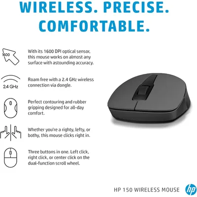 HP 150 Wireless Mouse, 3-Button with Dual Control Scroll Wheel 1600 DPI Optical Sensor with Ergonomic Design for All-Day Comfort for Lefty or Righty Use - Black