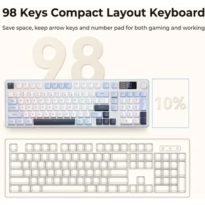 Redragon Wireless Gaming Keyboard, 98-Key Tri-Mode (BT/2.4G/Wired) RGB Computer Keyboard with Knob & Display, Fade-Resistant PBT Keycaps & 4000mAh Battery, Compatible with Windows/Mac - White Blue