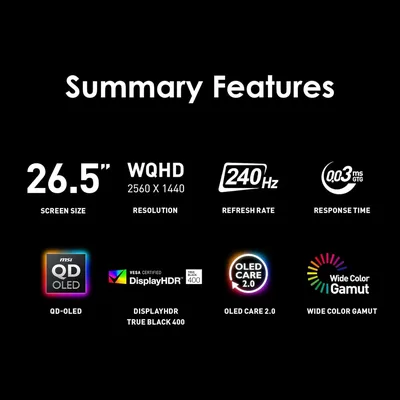 MSI MAG 273QP 27" QD-OLED X24 Anti-Reflection 2K 240Hz 0.03ms HDR 400 OLED Care 2.0 HDMI 2.1 Adaptive-Sync Adjustable Stand