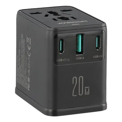 Joyroom Jr-Tcw01 20W Universal Travel Adapter 2 USB-C + Ubs-a GaN Charger - Black