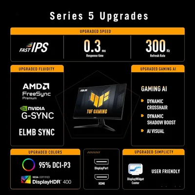 ASUS TUF VG27AQM5A Gaming AI 27" Fast IPS QHD 2K 300Hz 0.3 ms HDR 10 , Adaptive-Sync w/ 2x HDMI 2.1 , Display Port & Seakers , Black
