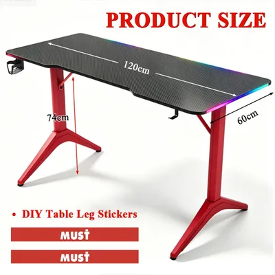 Gaming Desk 1200*600*800 with RGB LED Lighting Carbon Fiber Top Cup Holder Headphone Hook-Red, Black