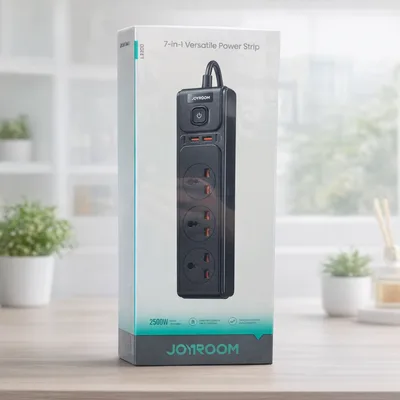 JOYROOM 7-in-1 Versatile Power Strip (JR-TE1) – 2500W, 3 Universal AC Outlets, 4 USB Ports (20W PD/QC Fast Charging), 2m Extension Cord – Black