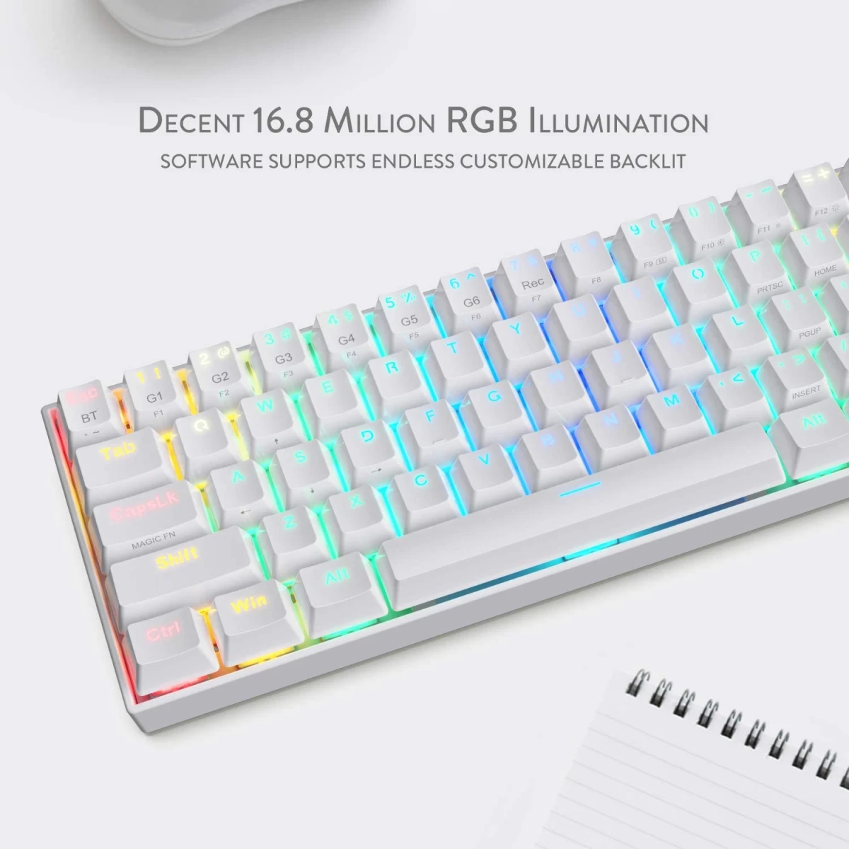 Redragon K530 Pro Draconic 60% Wireless RGB Mechanical Keyboard, BT/2.4Ghz/Wired 3-Mode 61 Keys Compact Gaming Keyboard w/Hot-Swap Socket, Free-Mod Plate Mounted PCB & Tactile Red Switch - White
