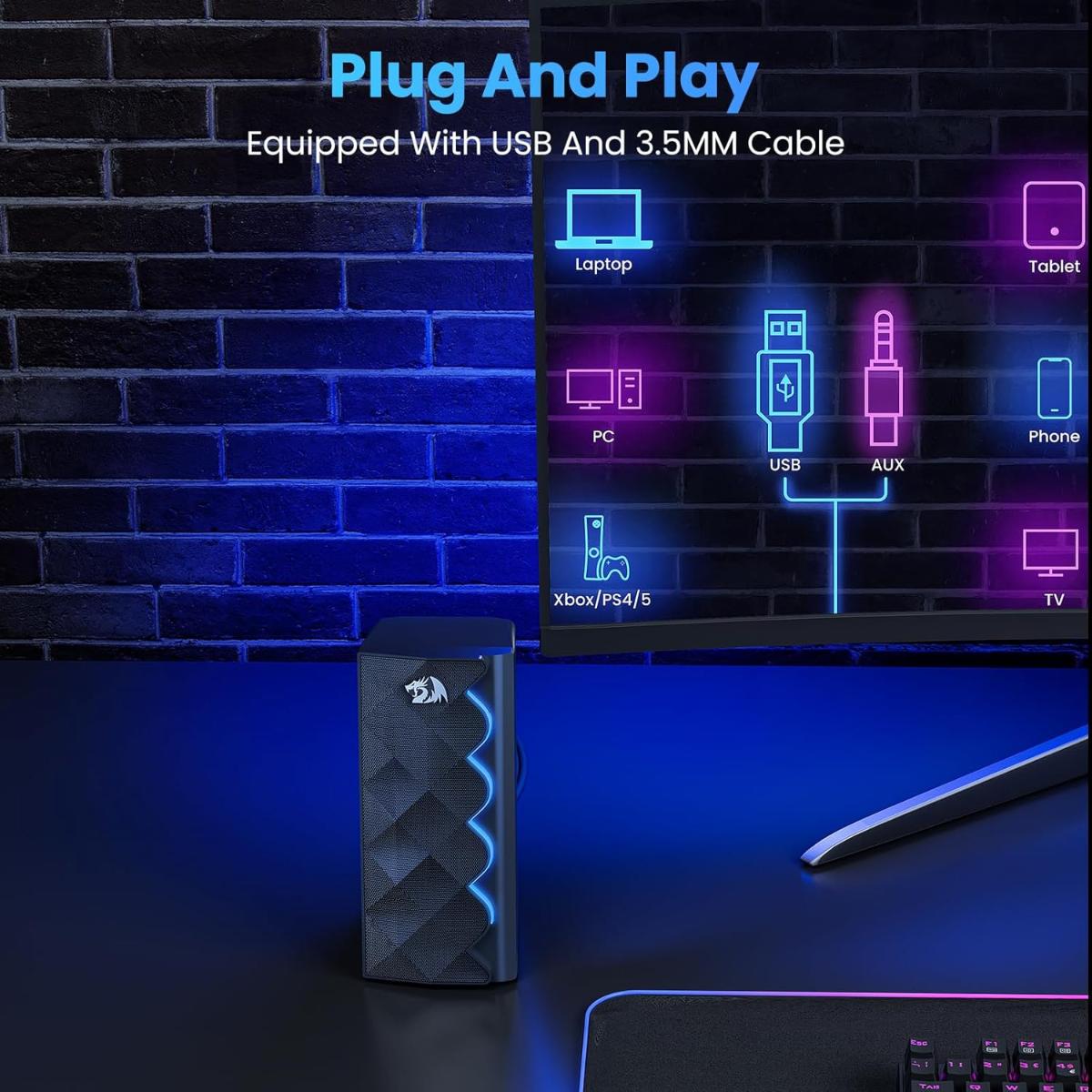 Redragon GS522 Computer Speakers, 2.0 Hi-Fi Stereo Sound PC Speaker, 6 Colorful RGB Mode Touch Desktop Speakers with USB, 3.5mm Aux-in Cable for PC, Laptop, Tablet, Phone, Xbox, PS4/5. hover