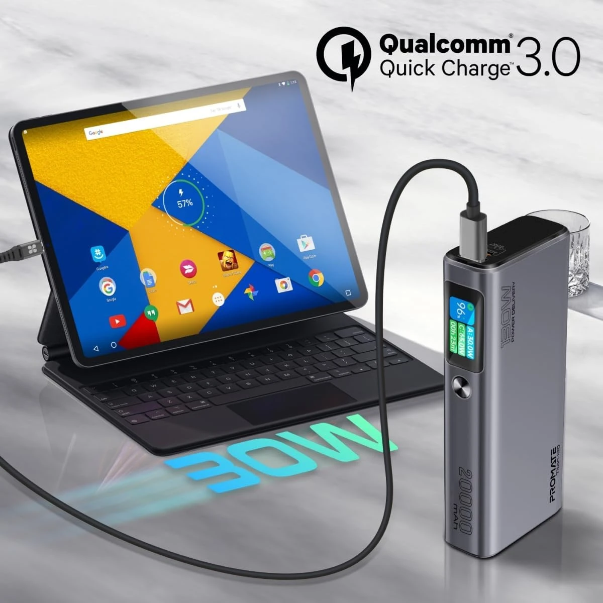 Promate Titan-130 Universal 20000mAh Ultra-Slim Portable Power Pack with 130W Power Delivery, Smart TFT LCD Screen, USB-A QC 3.0, Dual USB-C Input/Output Ports, and Over-Heating Protection