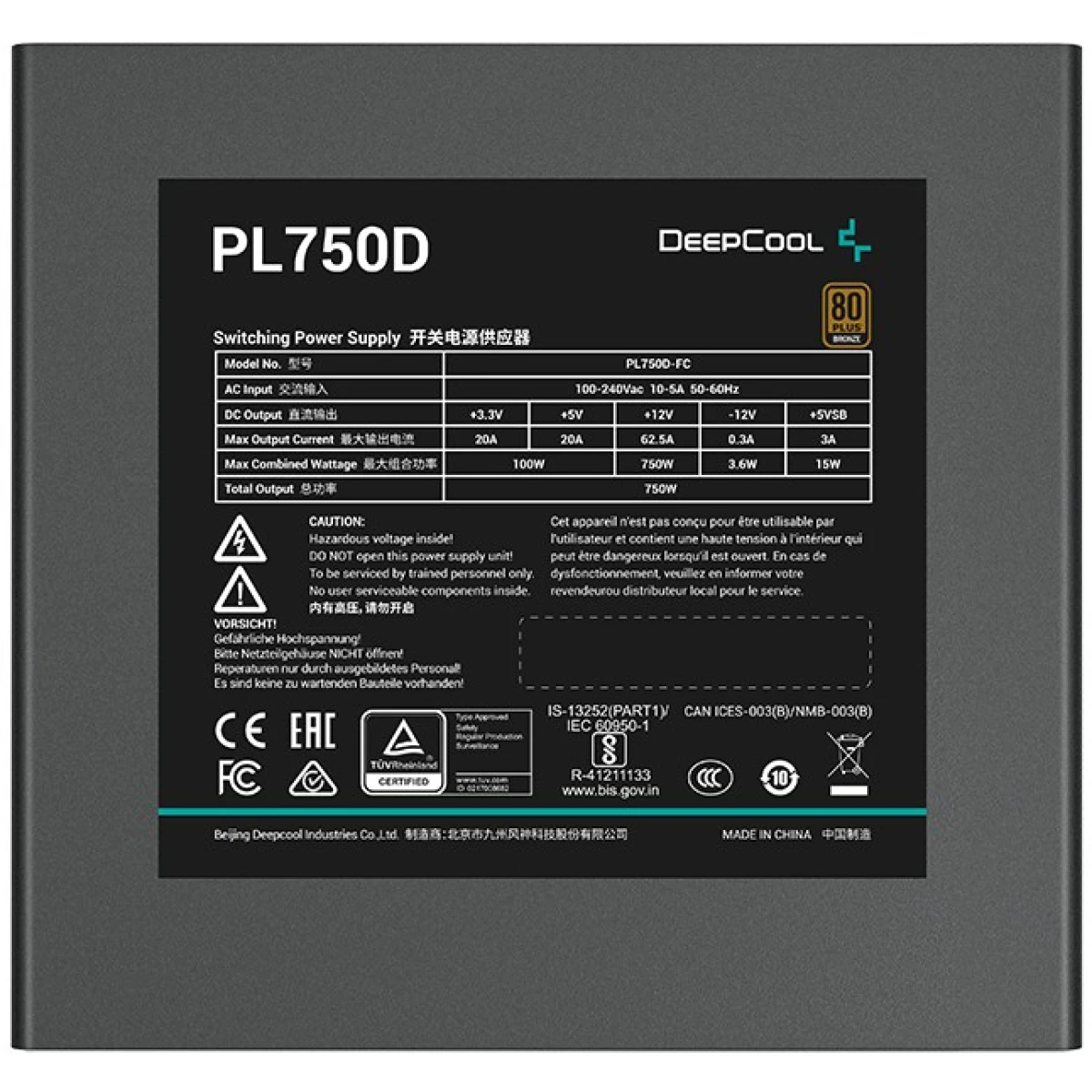 Deepcool PL750D 80 PLUS Bronze 750w Non-Modular ATX12V V3.0 Hydro Bearing 120mm Fan Active PFC + DC to DC - Black