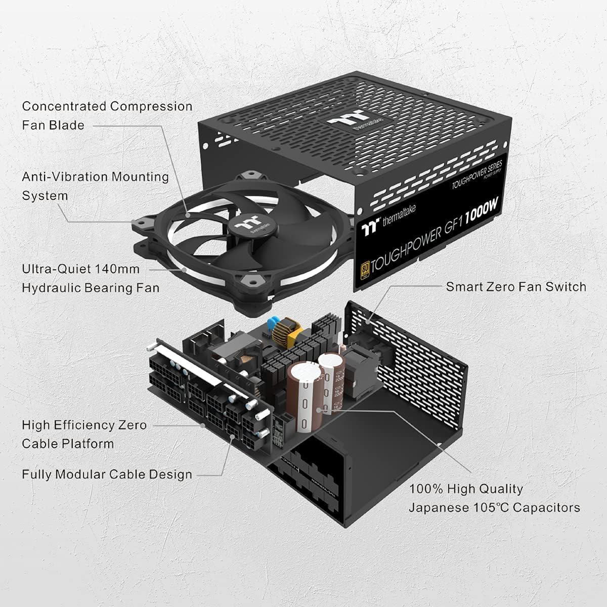 Thermaltake Toughpower GF1 1000W 80+ Gold Analog Controlled SLI Full Modular Power Supply, Ultra Quiet 140mm Hydraulic Bearing Fan, Smart Zero Fan, 100% JP CAP PS-TPD-1000FNFAGU