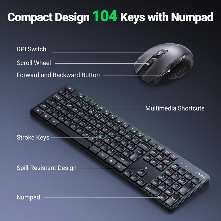UGREEN Wireless Keyboard and Mouse Combo Ergonomic 2.4GHz Small Silent 5 DPI Levels up to 4000 for PC and Laptop Arabic
