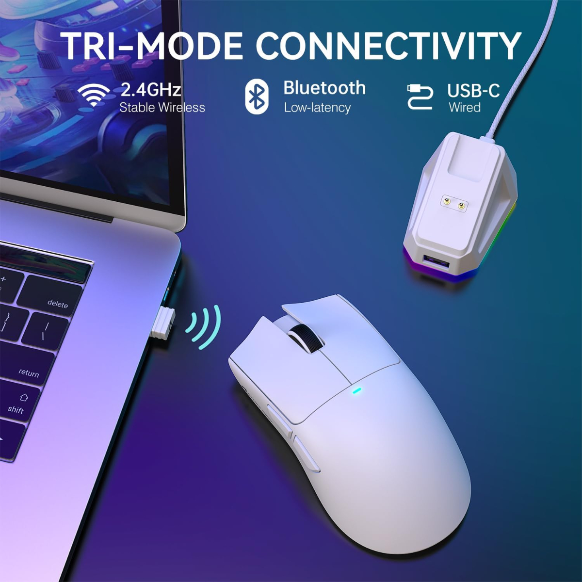 ATTACK SHARK X11 Lightweight Wireless Gaming Mouse with RGB Charging Dock,Tri-Mode-2.4G/USB-C Wired/BT,22K DPI,Optical Sensor,HUYU Switch, 5 programmable Buttons for PC/Mac(White)