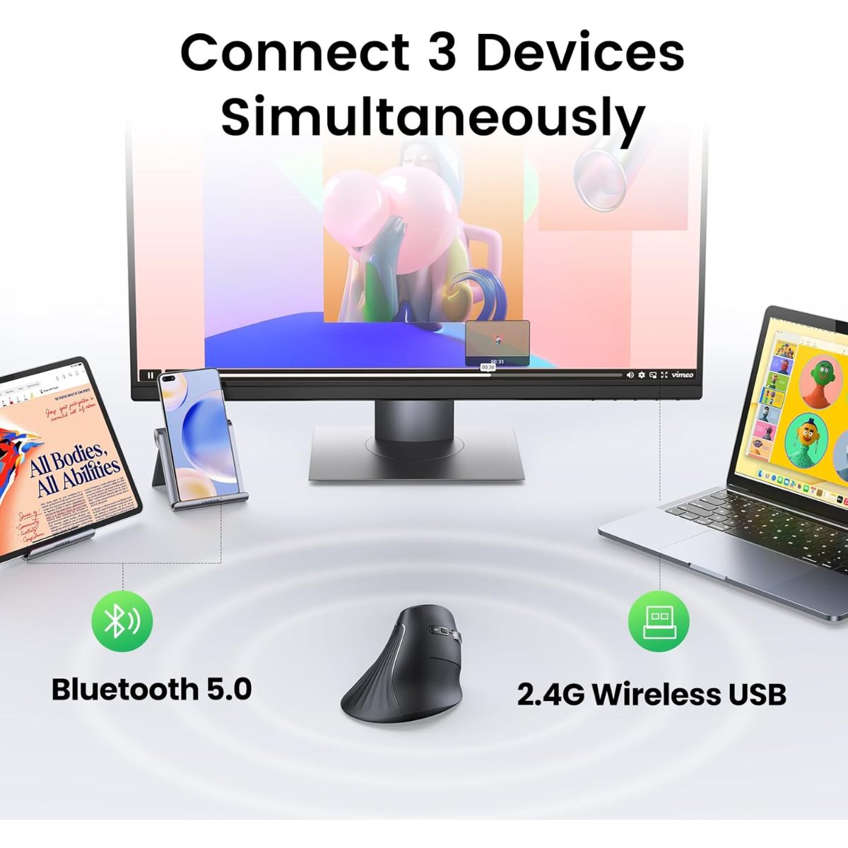 UGREEN Vertical Ergonomic Mouse, Bluetooth & 2.4G, Silent Quiet Clicks, 5 Buttons, 4000 DPI & 4 Adjustable DPI, for Laptop, Mac, Chromebook, PC, Windows, Black