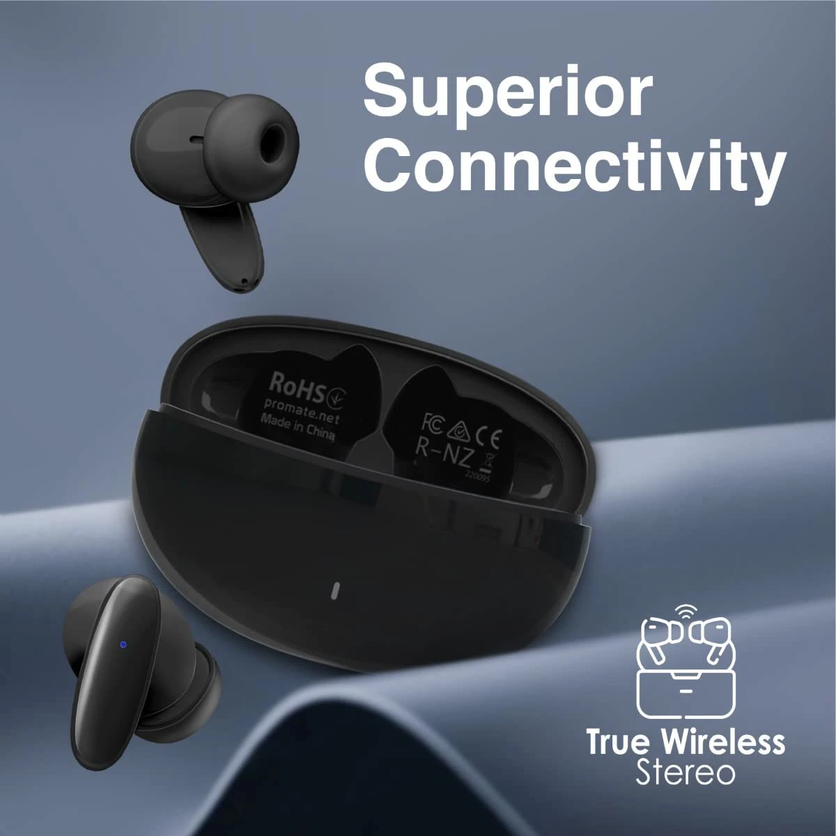 Promate True Wireless Earbuds Bluetooth v5.1 w/ Mic IPX5 Water Resistance 20H Playback Time - Black