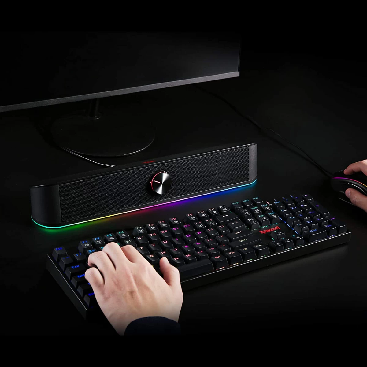 Redragon GS560 RGB Desktop Soundbar, 2.0 Channel Computer Speaker with Dynamic Lighting Bar Audio-Light Sync/Display, Touch-Control Backlit with Volume Knob, USB Powered w/ 3.5mm Cable, Black