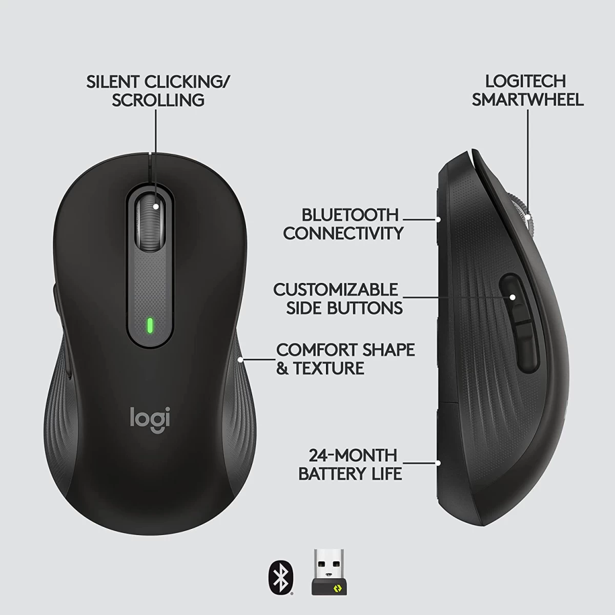 Logitech Signature M650 Wireless Mouse For Small to Medium Sized Hands 2-Year Battery Silent Clicks Customizable Side Buttons Bluetooth For PC/Mac/Multi-Device/Chromebook - Graphite