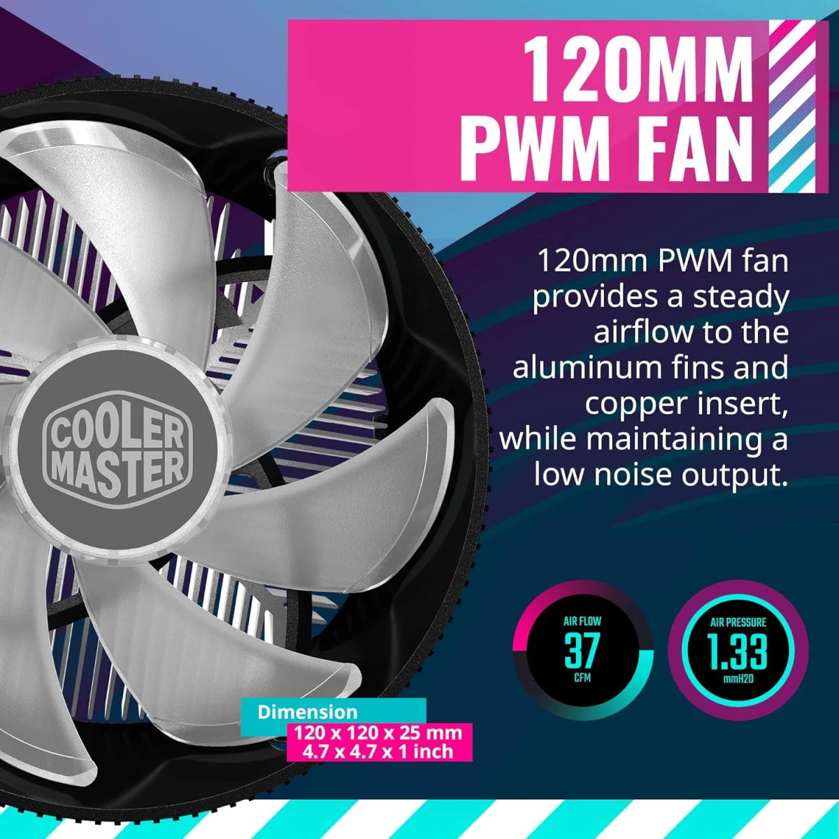 Cooler Master i70C LGA1700 ARGB Intel Low-Profile CPU Air Cooler Anodized Black Aluminum Fins Copper Insert Base 95W TDP 120mm ARGB 3-Pin Fan