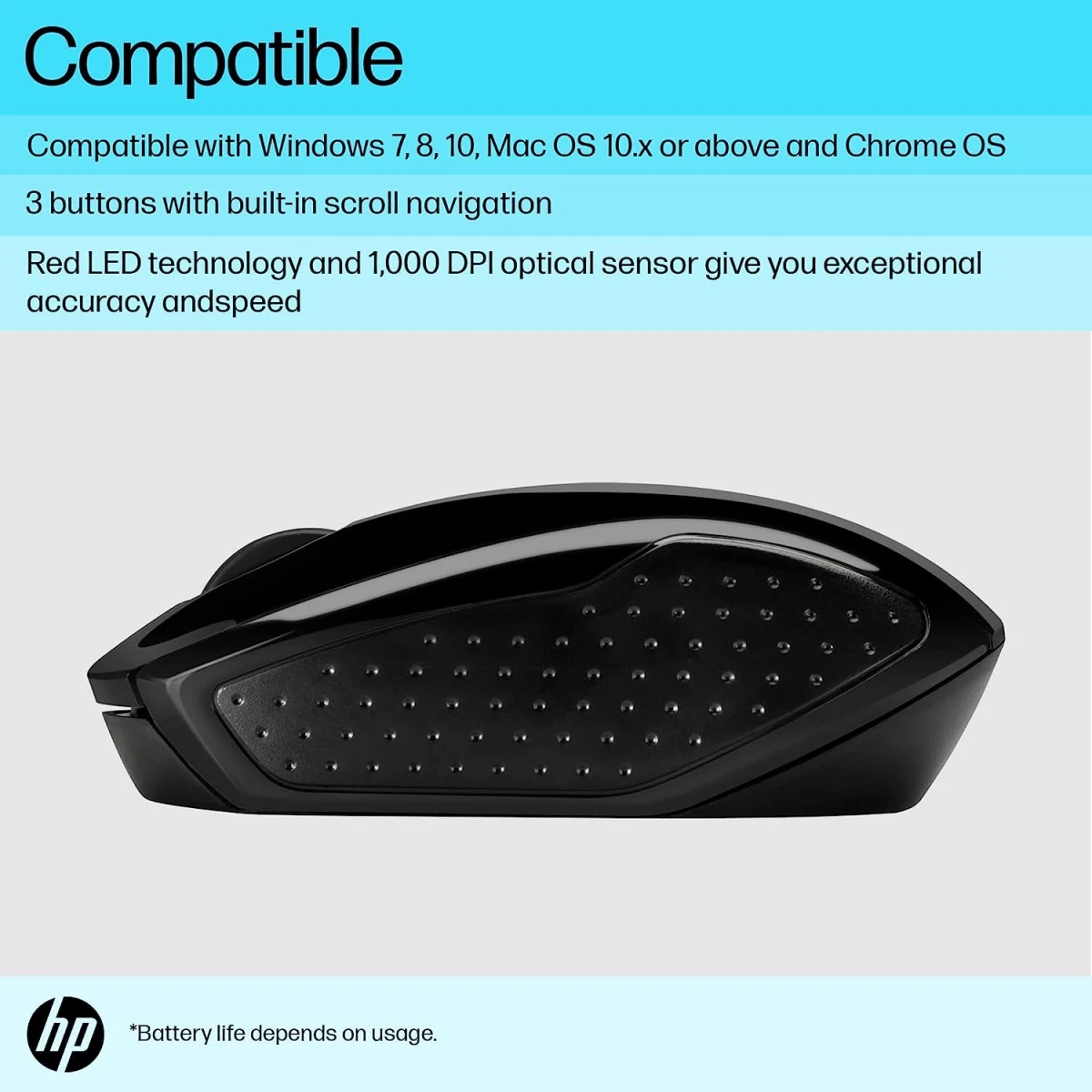 HP 200 USB Wireless Mouse with 1000 DPI Optical Sensor 2.4 GHz Wireless Cconnectivity Ambidextrous Design - Black