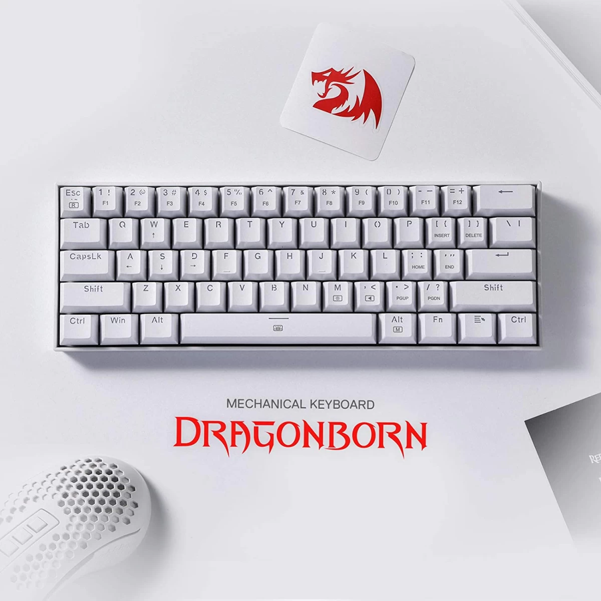 Redragon K630 Dragonborn 60% Wired RGB Gaming Keyboard, 61 Keys Compact Mechanical Keyboard with Linear Red Switch, Pro Driver Support, White