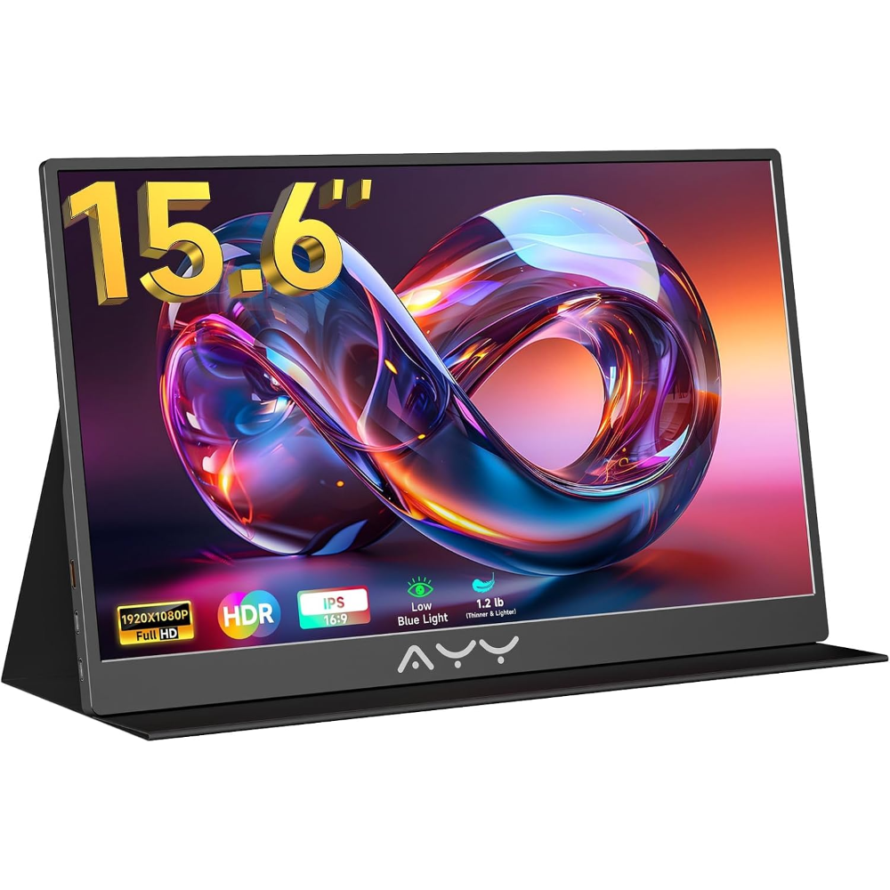 AYY 15.6 Inch Portable Monitor 1080P FHD USB-C HDMI External Display for Laptop Phone MAC PS5 Switch Xbox, Ultra-Slim 100% sRGB Portable Second Screen with Dual Speakers & Smart Cover, IPS, Black