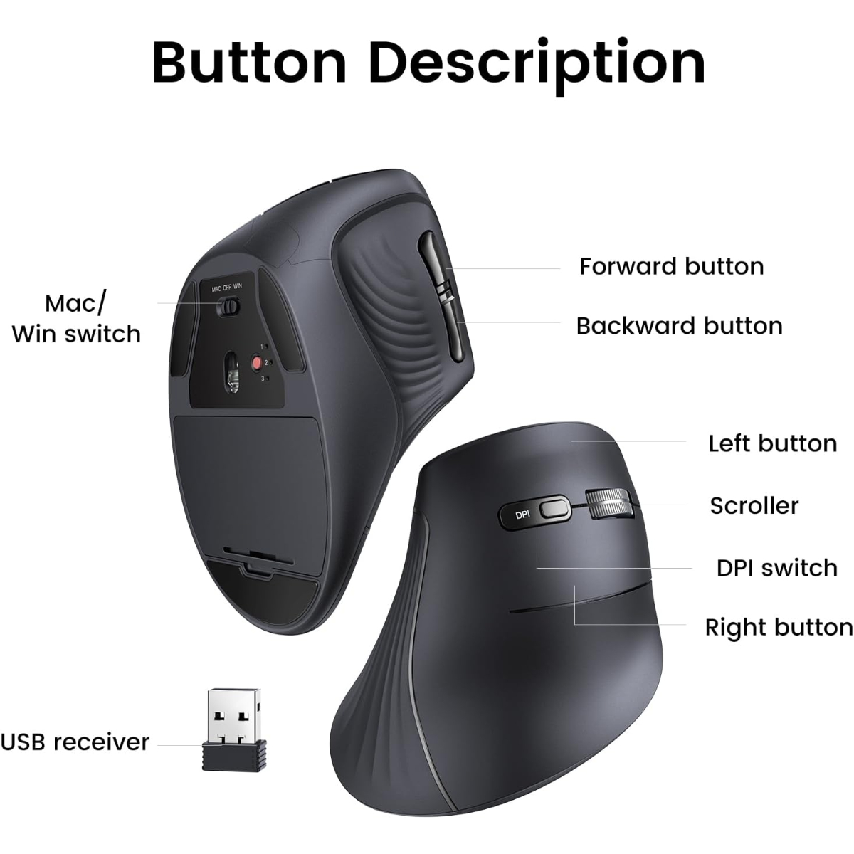 UGREEN Vertical Ergonomic Mouse, Bluetooth & 2.4G, Silent Quiet Clicks, 5 Buttons, 4000 DPI & 4 Adjustable DPI, for Laptop, Mac, Chromebook, PC, Windows, Black