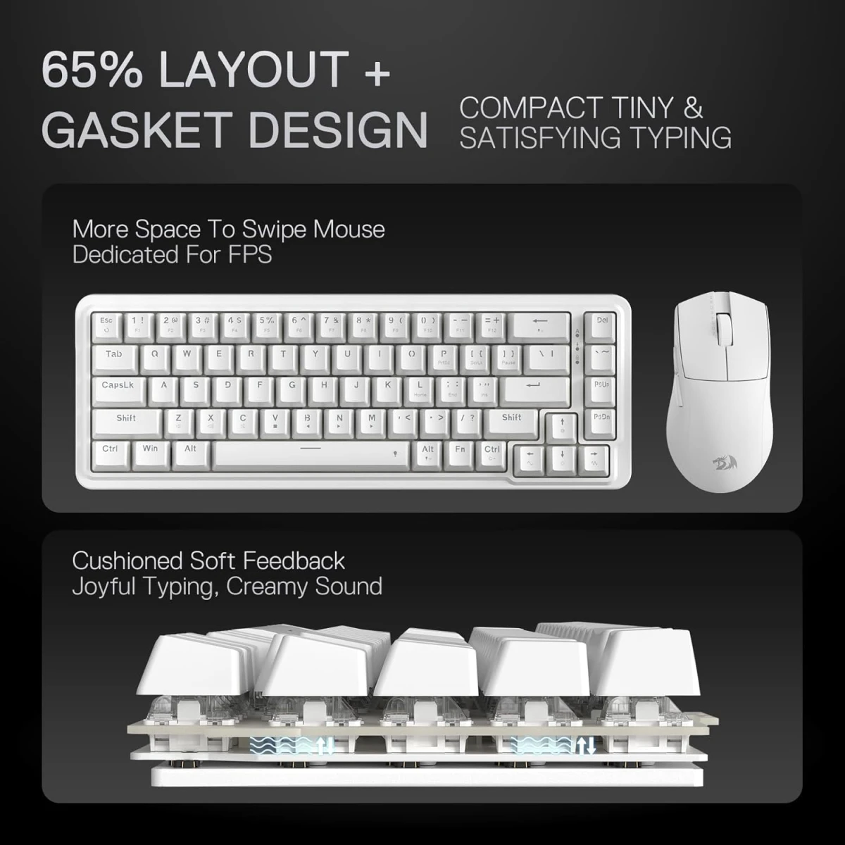 Redragon K709 NOVA 65% Wired Gasket RGB Gaming Keyboard, 68 Keys Hot-Swap Compact Mechanical Keyboard w/Free-Mod Socket, 3-Layer Noise Dampening & Dedicated Arrow Keys, Quiet Custom Linear Switch , White