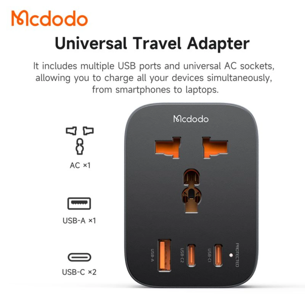 Mcdodo CP-0750 Universal Travel Adapter One for 4 Outputs (AC + 2 USB-C + USB) 20W Worldwide Use EU Travel Plug with 3 USB - Black