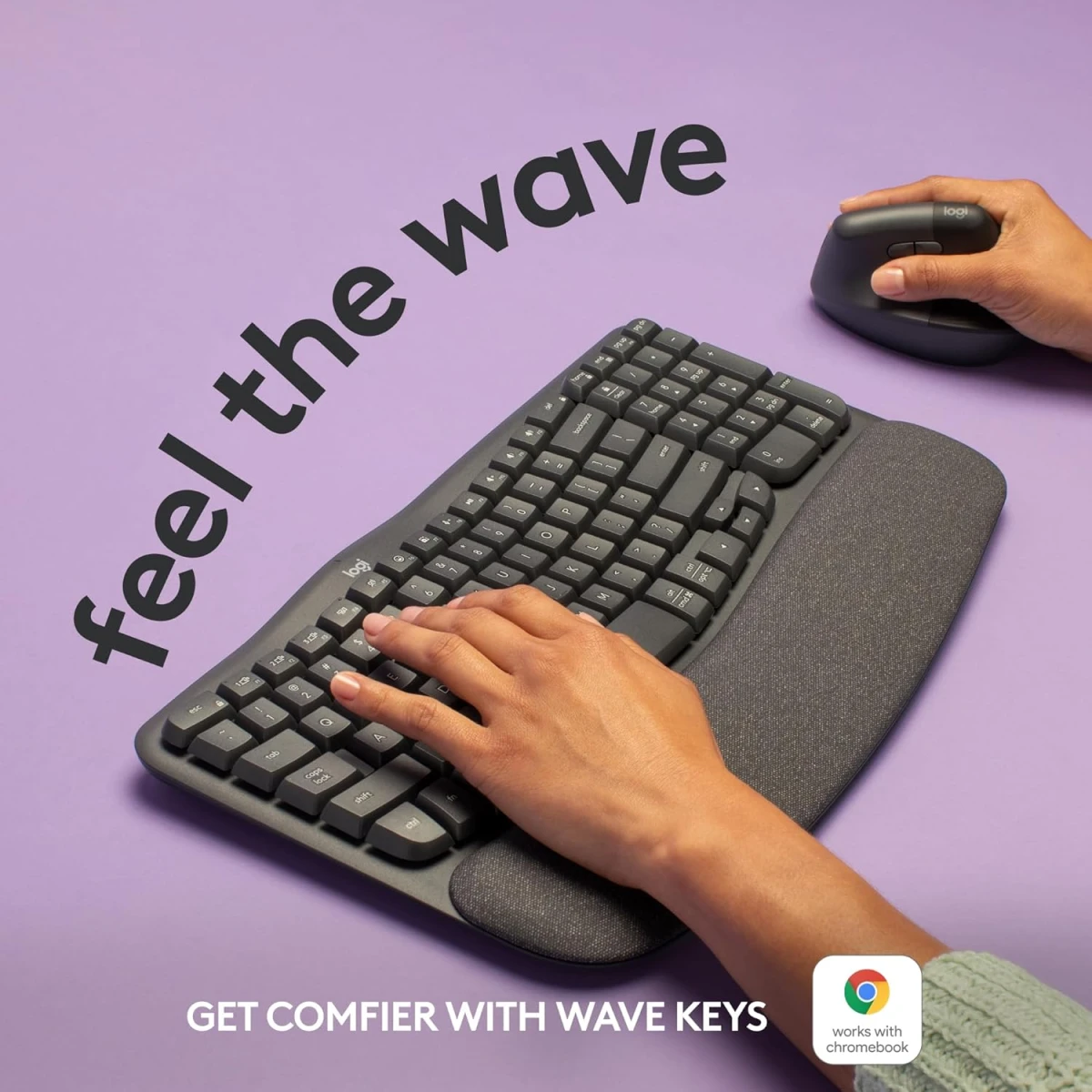 Logitech Wave Keys Keyboard, Bluetooth / Logi Bolt Receiver Connectivity, Ergo-Certified, More Palm-Support, 3-Layers Memory Foam, 2x AAA Battery, English-Arabic Layout, Graphite hover