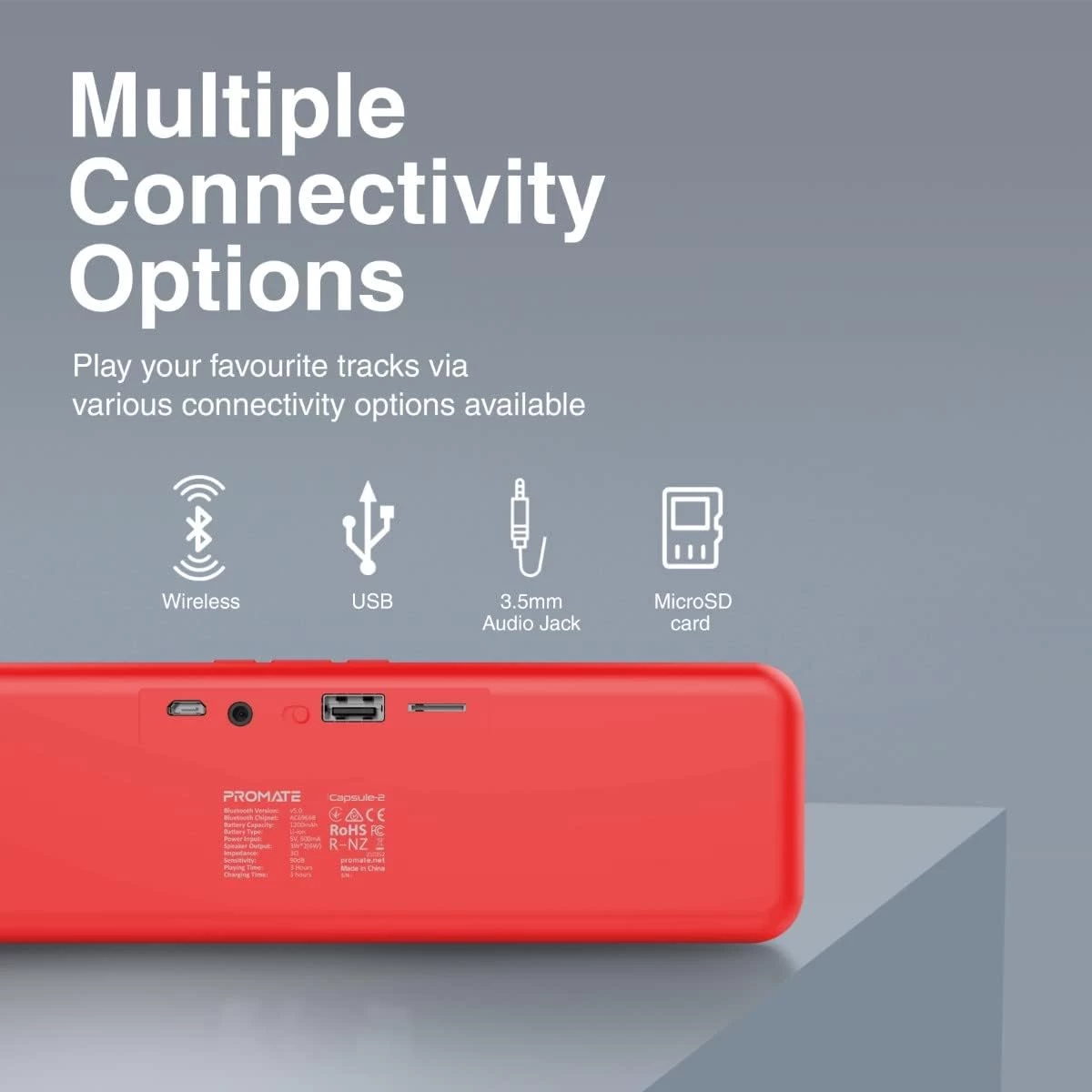 Promate Capsule-2 Bluetooth Portable Speaker HD 6W True Bluetooth 5.0 Long Playtime USB Media Port Micro SD Card & 3.5mm Port - Red