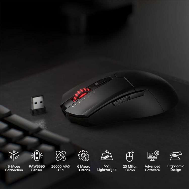 Redragon M995 Pro Wireless Gaming Mouse, 26000 DPI Ergonomic Mouse, BT & 2.4G, 6 Macro Buttons, 51G Ultra Lightweight, Reliable Power Capacity for PC/Mac/Laptop, Black