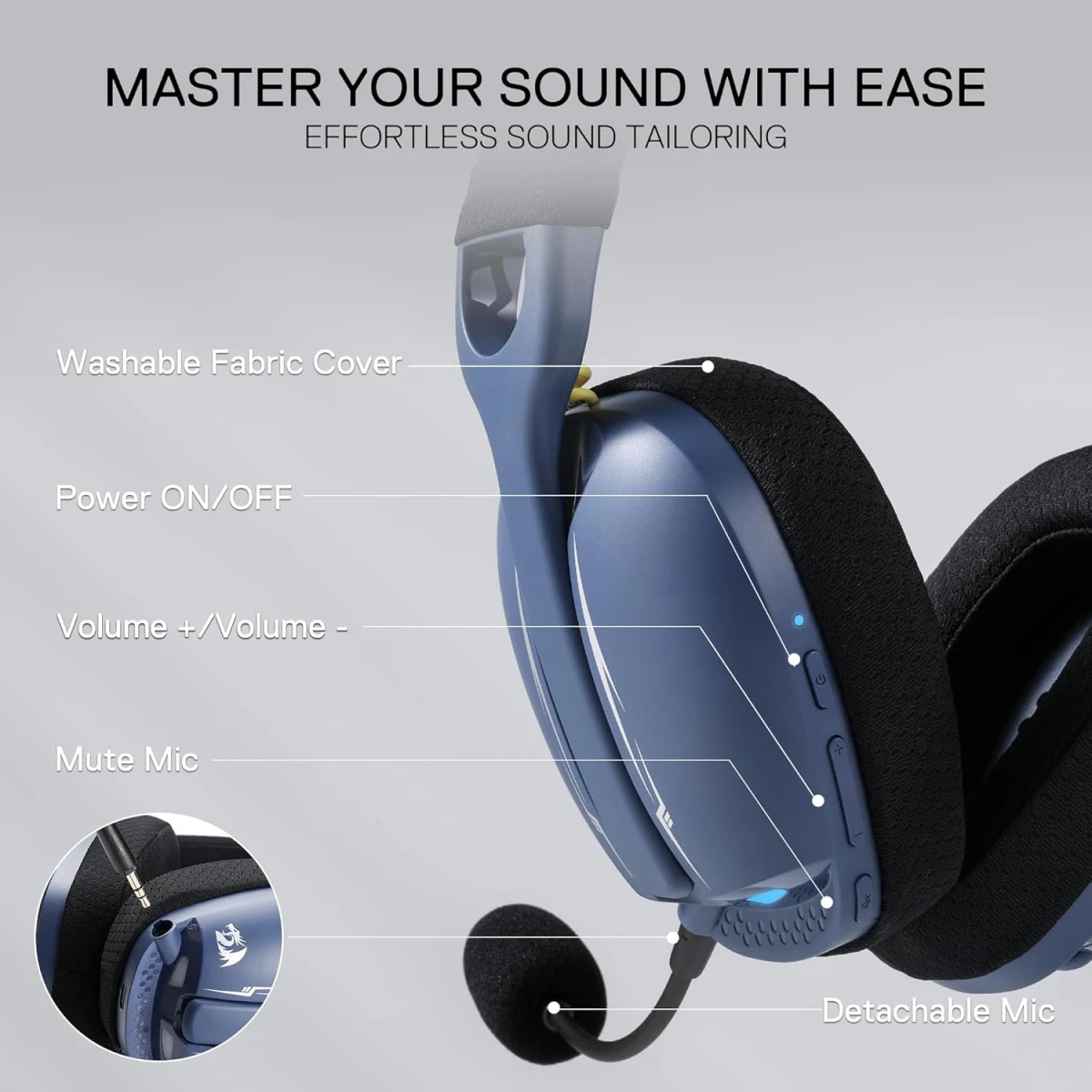 Redragon H878BB 3-Mode Wireless Blue Lighting Gaming Headset - Lightweight - 7.1 Surround Sound - 40MM Drivers - Detachable Microphone - Multi Platforms for PC, PS5/4/3, Switch, Mobile, - Blue
