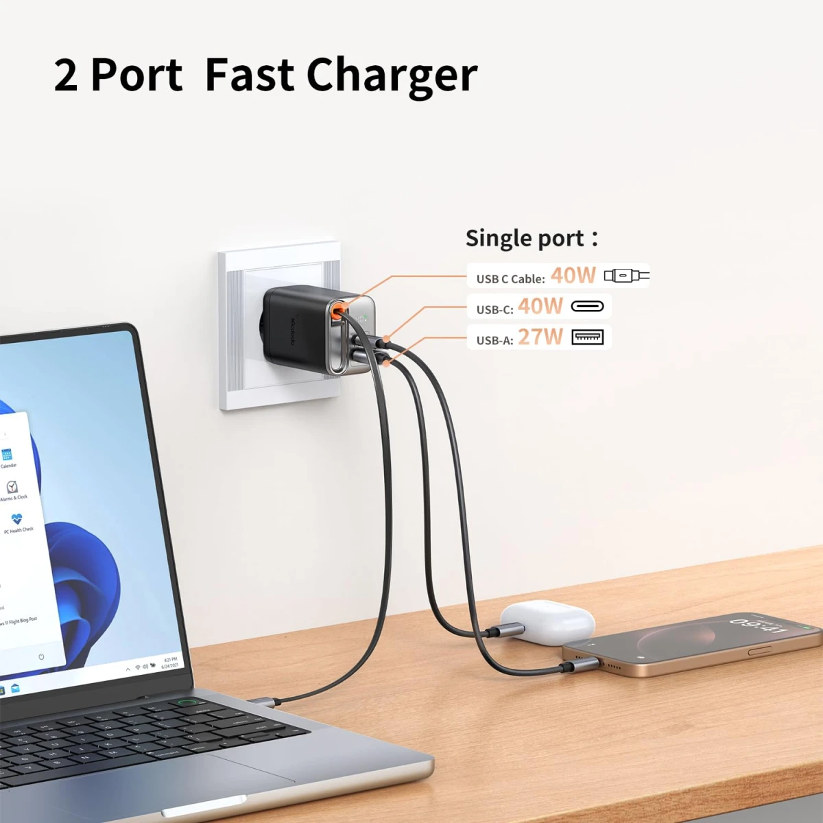 Mcdodo CH-428 40W Gan5 USB-C Charger, Dual Port, Retractable Cable Fast Charging Adapter with LED Indicator - Black