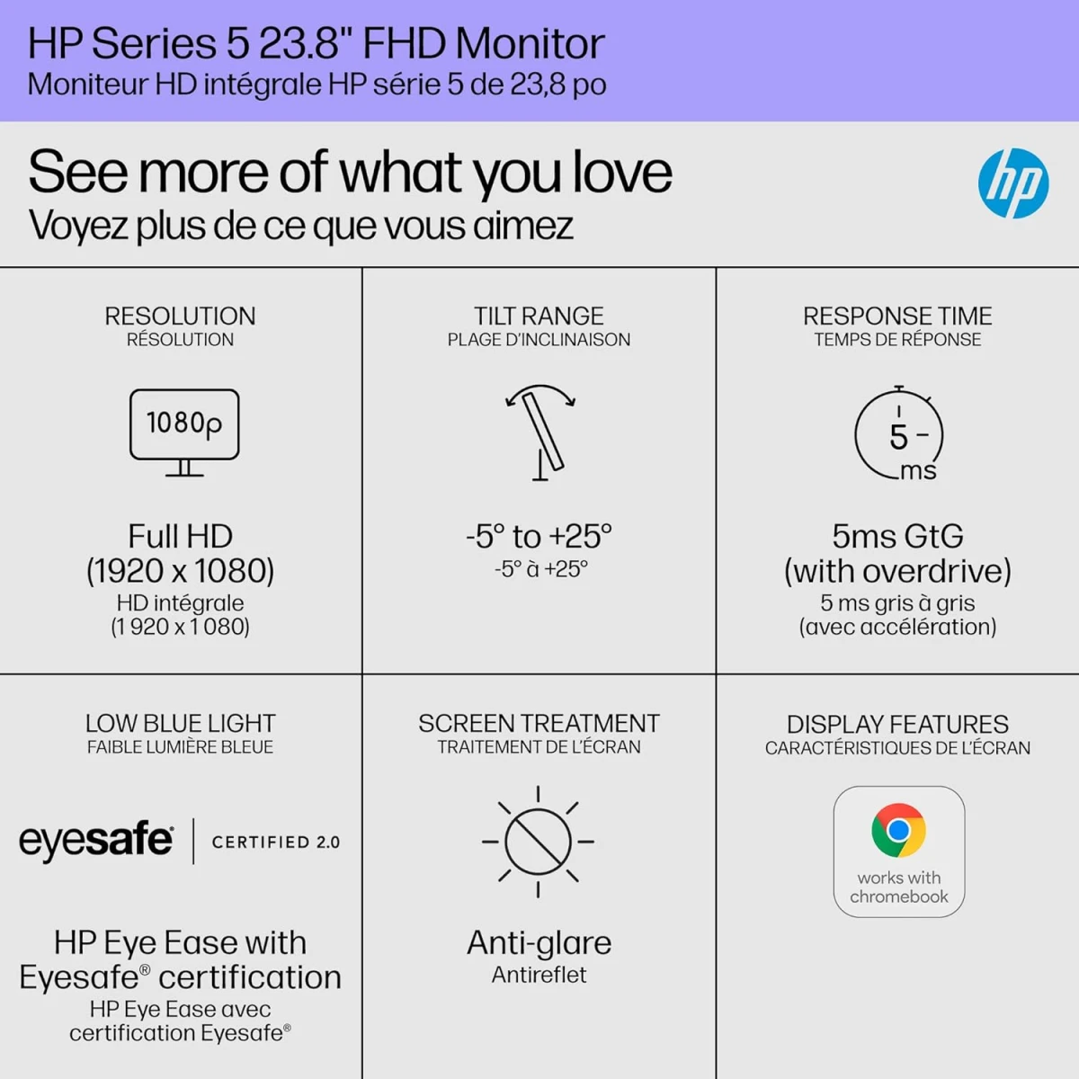 HP 524sw 24" Ultraslim IPS Full HD 100Hz True-Color Low-Blue Light Filter w/ 99% sRGB 300 nits - Silver & White