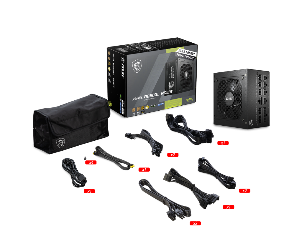 MSI MAG A850GL PCIE 5.1 & ATX 3.1 Gaming Power Supply - Full Modular - 80 Plus Gold Certified 850W - Compact Size - ATX PSU