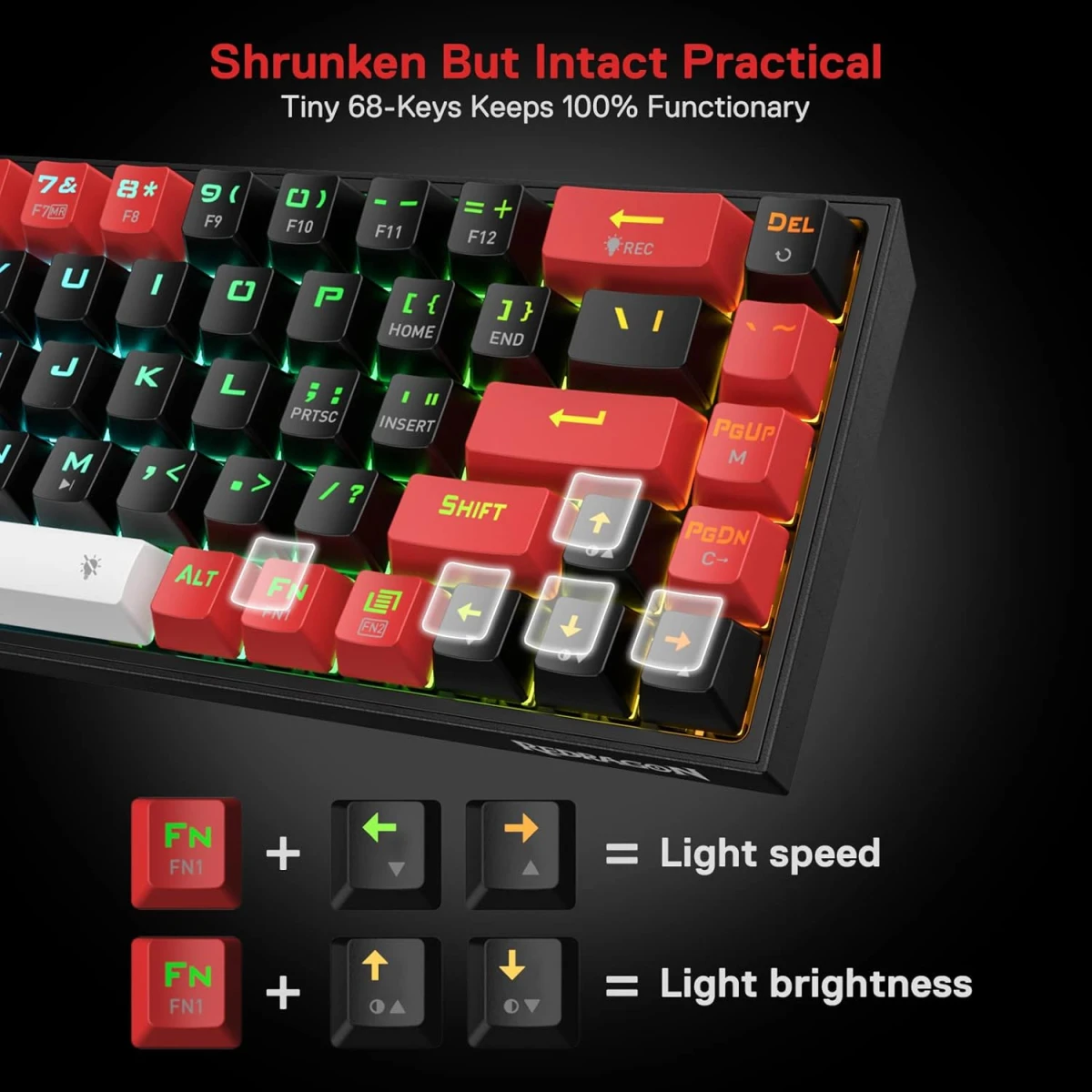 Redragon K631RGB Castor Pro Mechanical Gaming Keyboard, 68 Keys, Wireless 2.4G+Bluetooth+Wired Triple Mode Connect, Detachable Type-C to USB, Anti-Ghosting, HUANO Red Switch