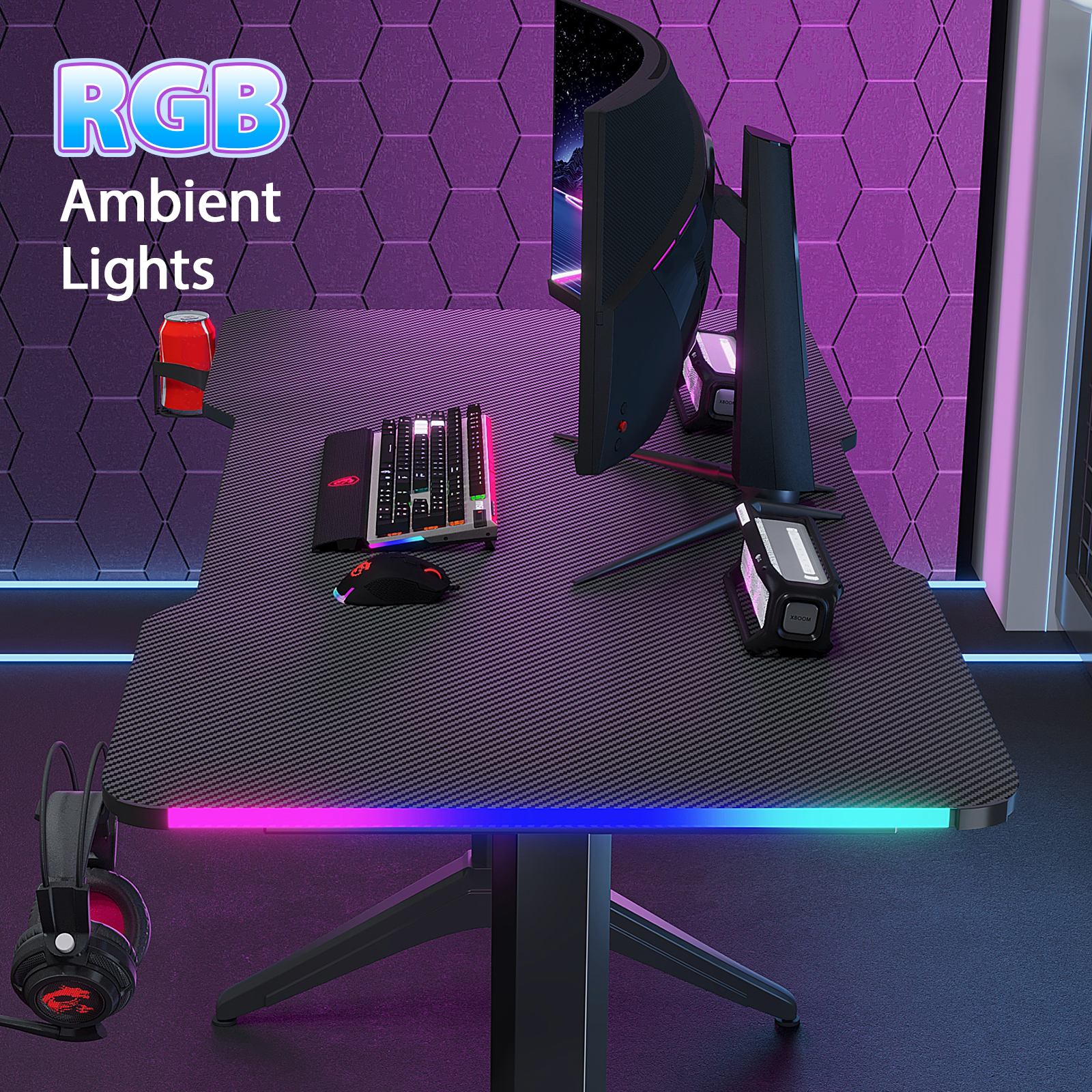 Gaming Desk 1200*600*800 with RGB LED Lighting Carbon Fiber Top Cup Holder Headphone Hook hover