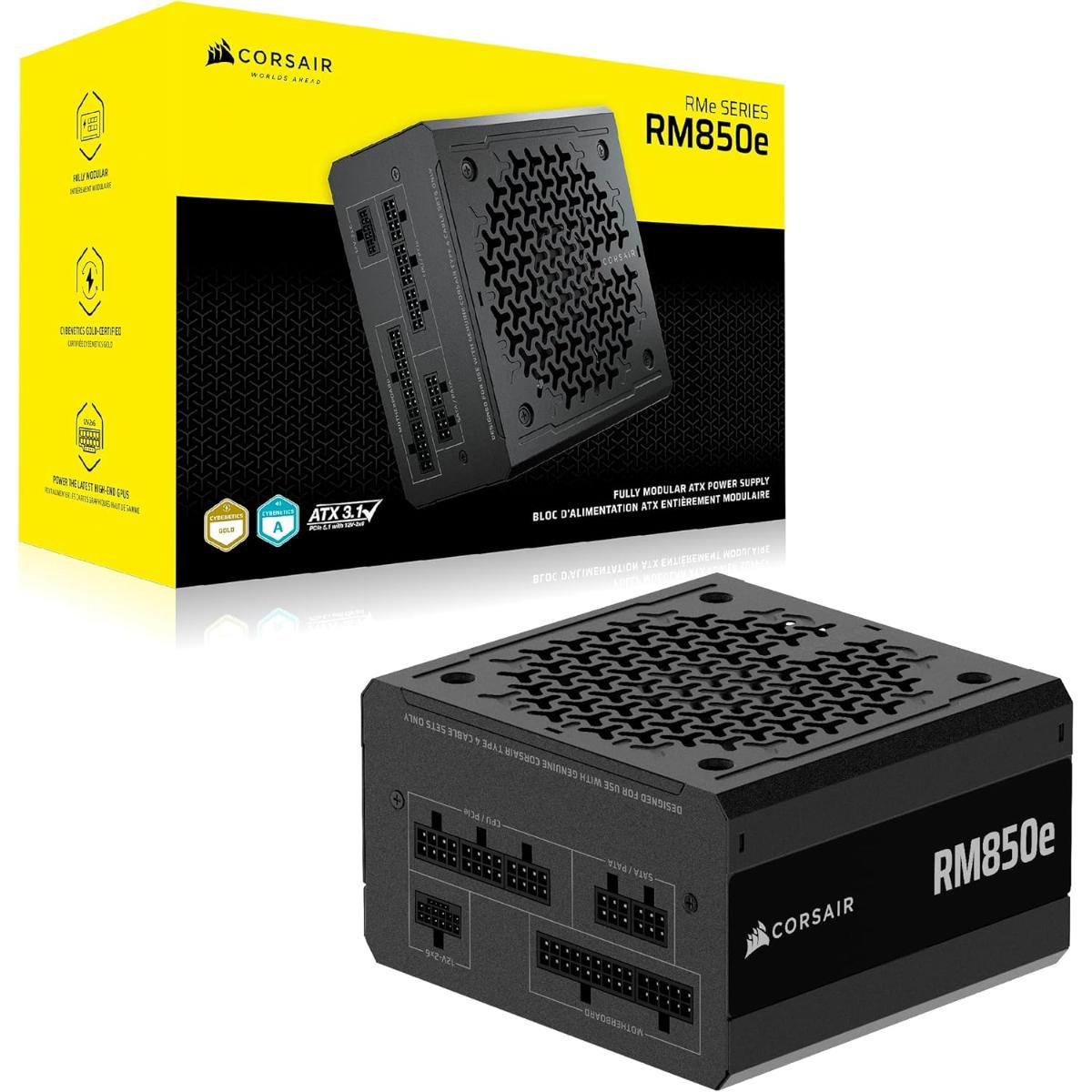 CORSAIR RM850e (2025) Fully Modular Gold Low-Noise ATX Power Supply with 12V-2x6 Cable – ATX 3.1 & PCIe 5.1 Compliant, Cybenetics Gold Efficiency, 105°C-Rated Capacitors, Modern Standby Mode – Black