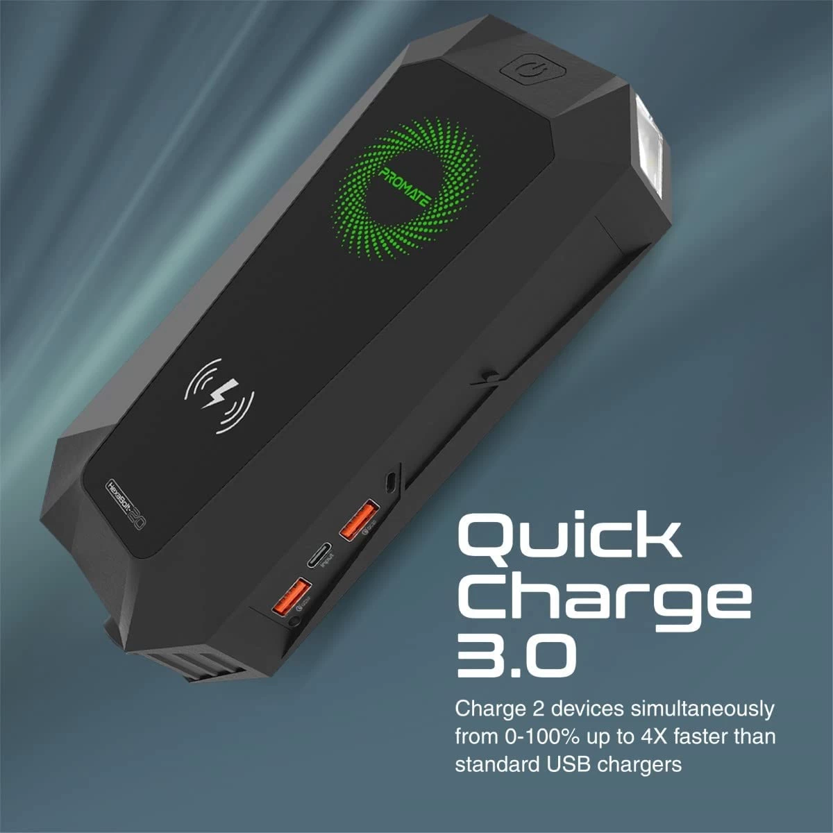 Promate Hexabolt 20 1500A/12V Car Jump Starter w/ 19200Mah Power Bank 10W Qi Charger Dual Qc 3.0 Ports - Black