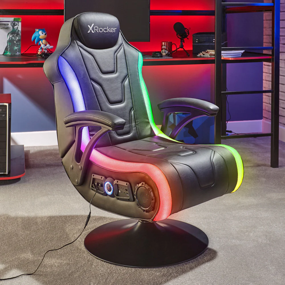 X-Rocker Monsoon RGB Gaming Chair, 4.1 Surround Sound Light Up Gaming Seat with 30 Neo Motion RGB Settings, Bluetooth Wireless Speakers, Subwoofer and Vibration, Padded Armrests Faux Leather - BLACK