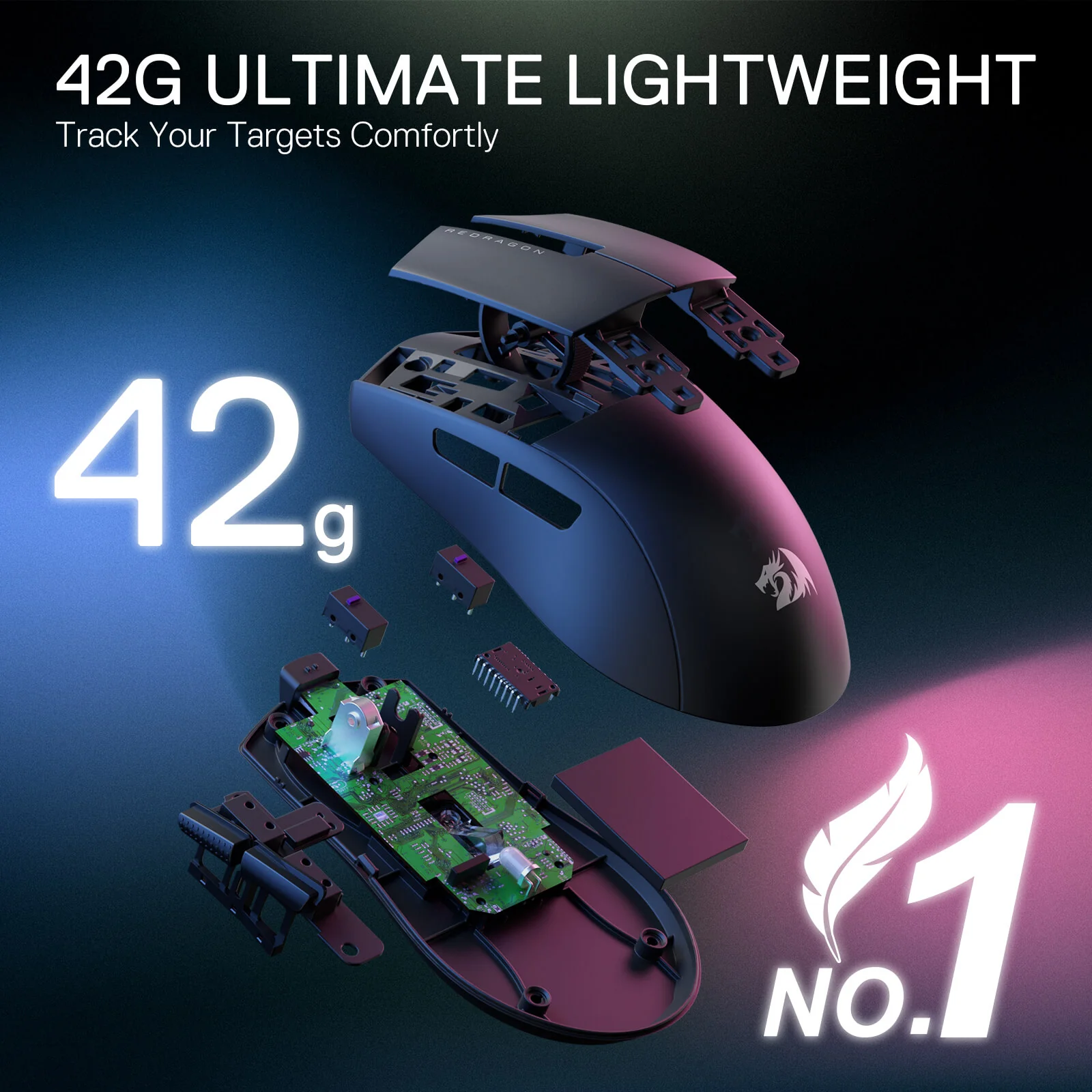 Redragon M724 Wired Gaming Mouse, 42G Ultra-Light 12,400 Max DPI Optical Gaming Mouse with 5 Programmable Buttons, Ergonomic Natural Grip Build, Software Supports DIY Keybinds & DPI, Black