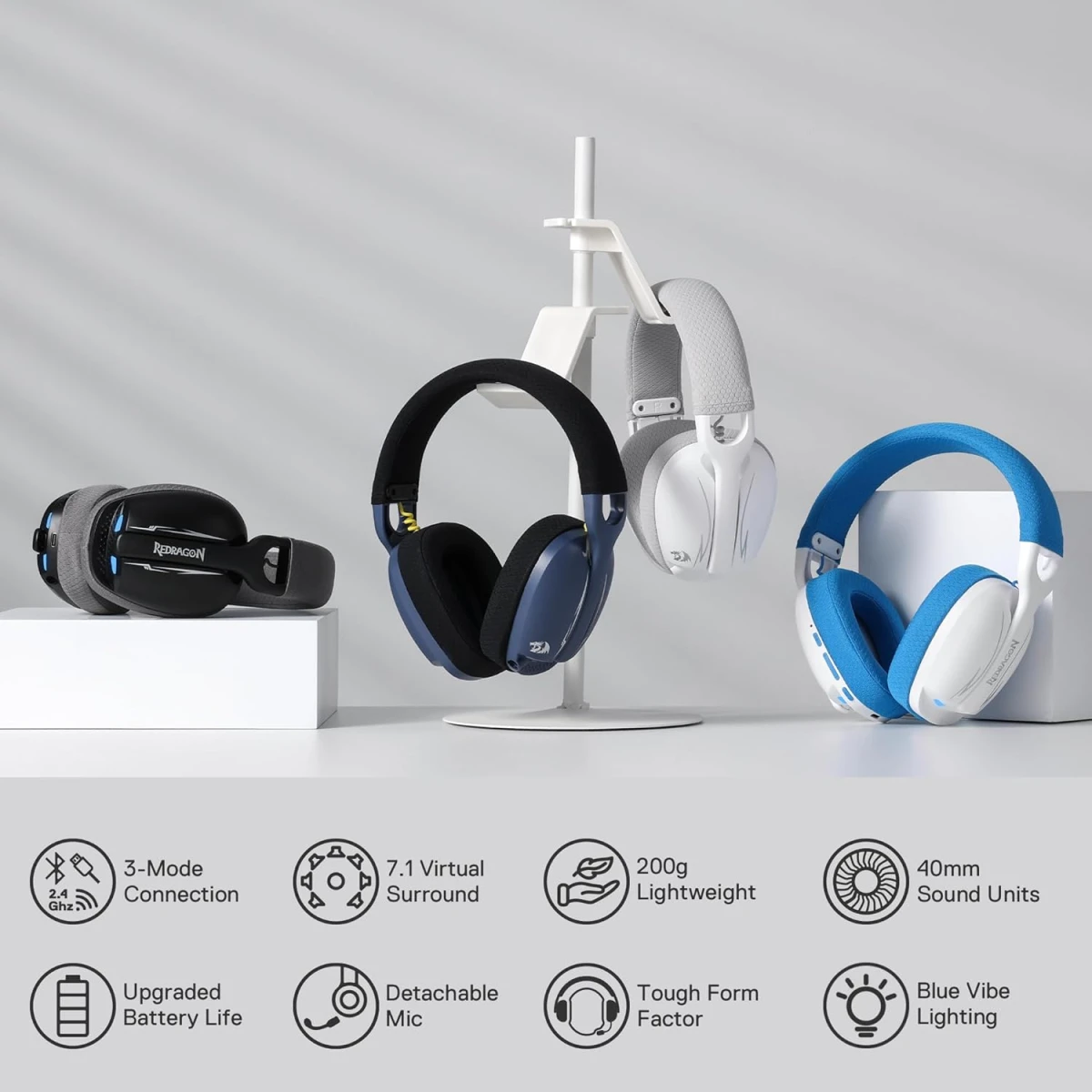 Redragon H878BB 3-Mode Wireless Blue Lighting Gaming Headset - Lightweight - 7.1 Surround Sound - 40MM Drivers - Detachable Microphone - Multi Platforms for PC, PS5/4/3, Switch, Mobile, - Blue