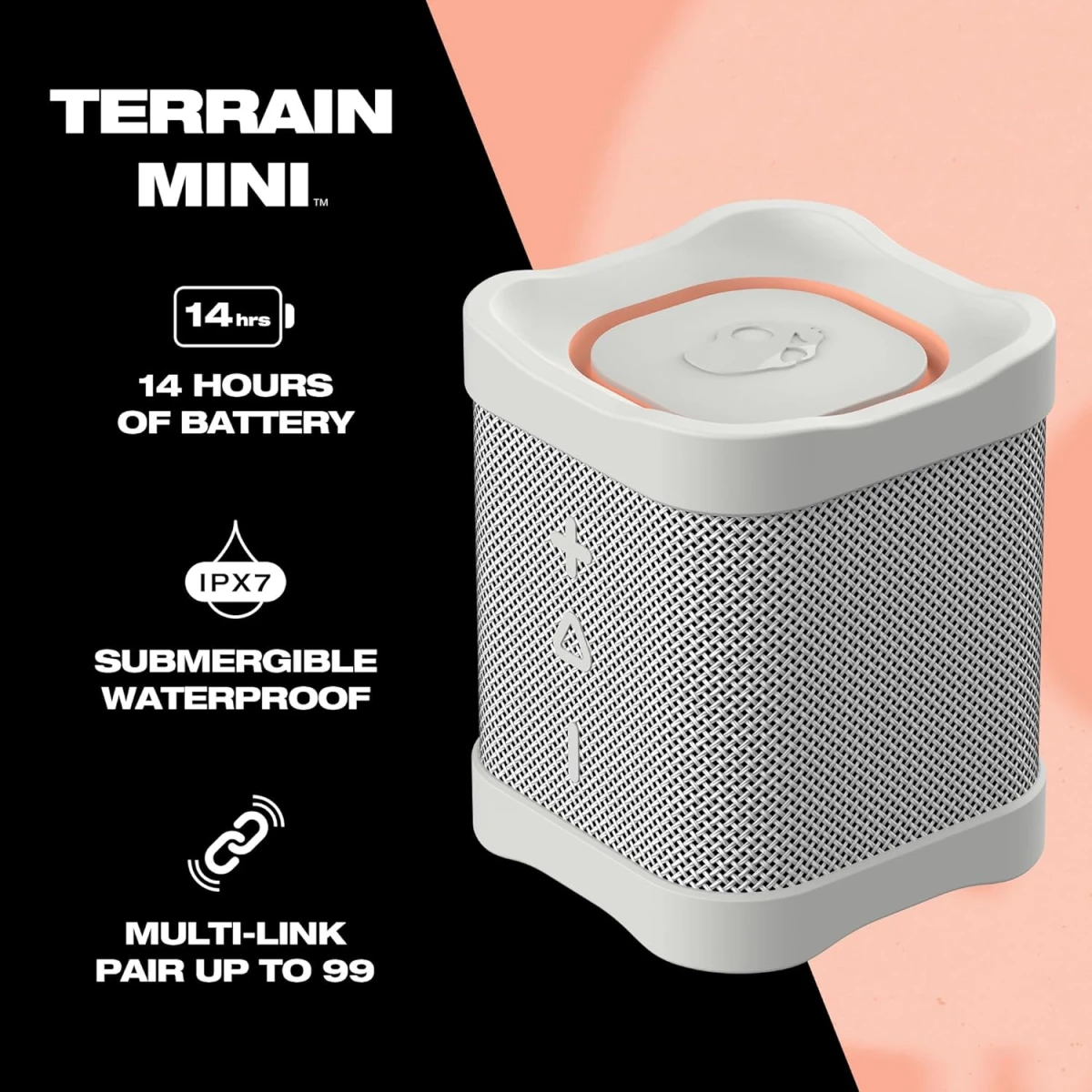 Skullcandy Terrain Mini Wireless Bluetooth Speaker - IPX7 Waterproof Portable with Dual Custom Passive Radiators, 14 Hour Battery, Nylon Wrist Wrap, & True Stereo - Bone