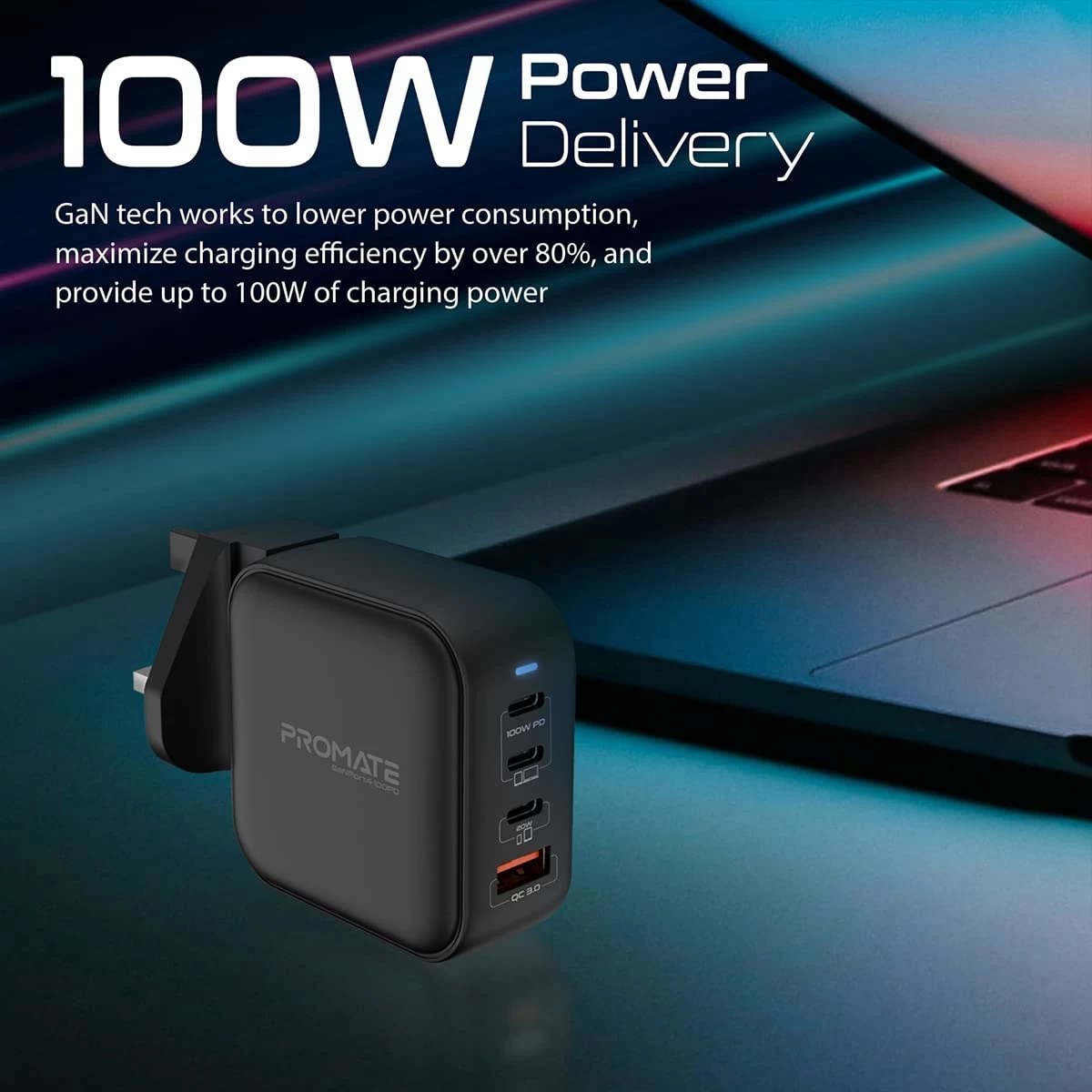Promate GaNPort4-100PD USB-C Charger 100W GaN Technology Fast Dual Type-C Charger w/ 20W USB-C Port 18W QC 3.0 Port