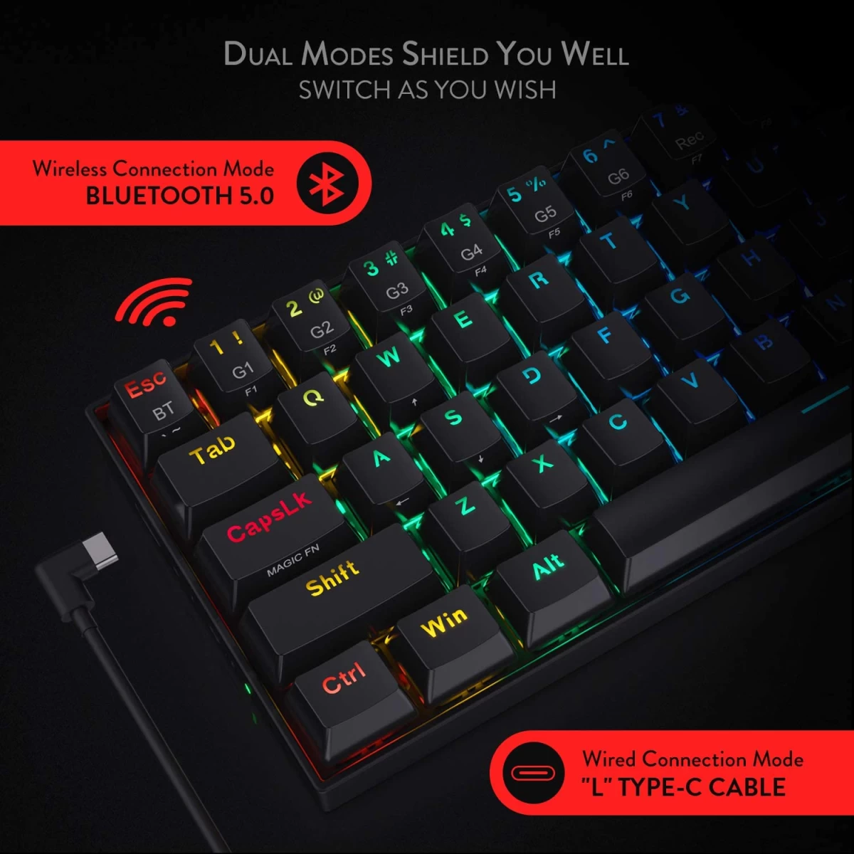 Redragon K530 Pro Draconic 60% Wireless RGB Mechanical Keyboard, BT/2.4Ghz/Wired 3-Mode 61 Keys Compact Gaming Keyboard w/Hot-Swap Socket, Free-Mod Plate Mounted PCB & Tactile Red Switch - Black