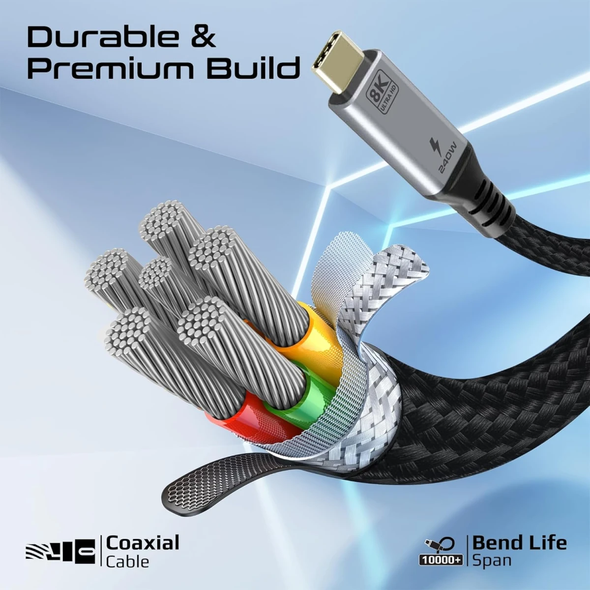 Promate PowerBolt5-80G Thunderbolt 5 USB 4 Cable 80Gbps Data Transfer, 240W Power Delivery, 8K Ultra HD Display Support, USB-C to USB-C 1.2M Cable, Compatible with Thunderbolt 5, Durable Build Black