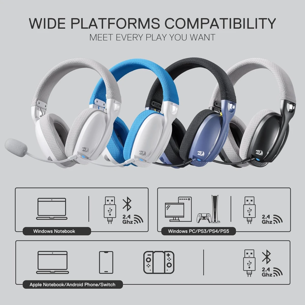 Redragon H878BB 3-Mode Wireless Blue Lighting Gaming Headset - Lightweight - 7.1 Surround Sound - 40MM Drivers - Detachable Microphone - Multi Platforms for PC, PS5/4/3, Switch, Mobile, - Blue